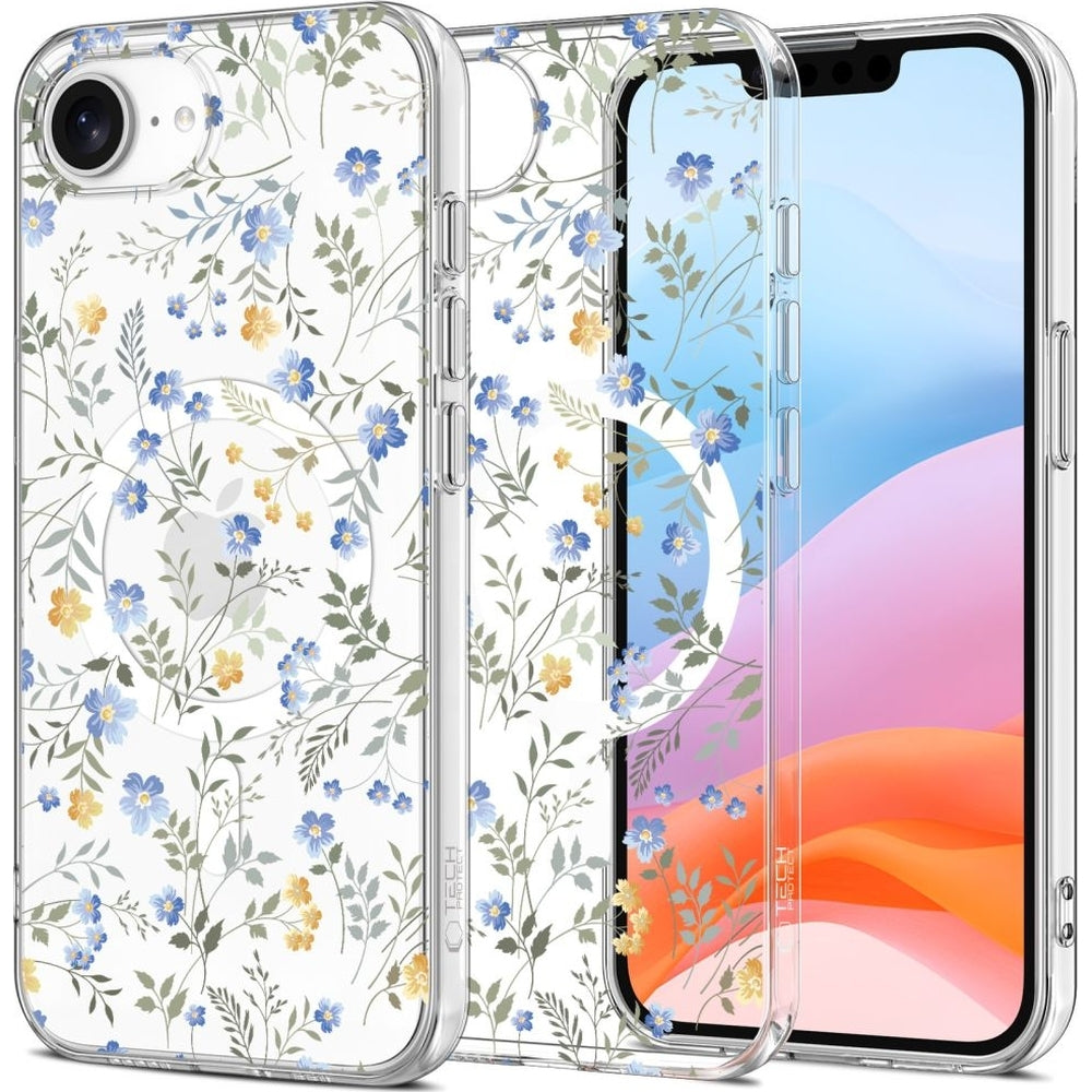 Handyhülle für iPhone 17e / 16e, Tech-Protect Flexair MagSafe, Transparent mit floralem Muster