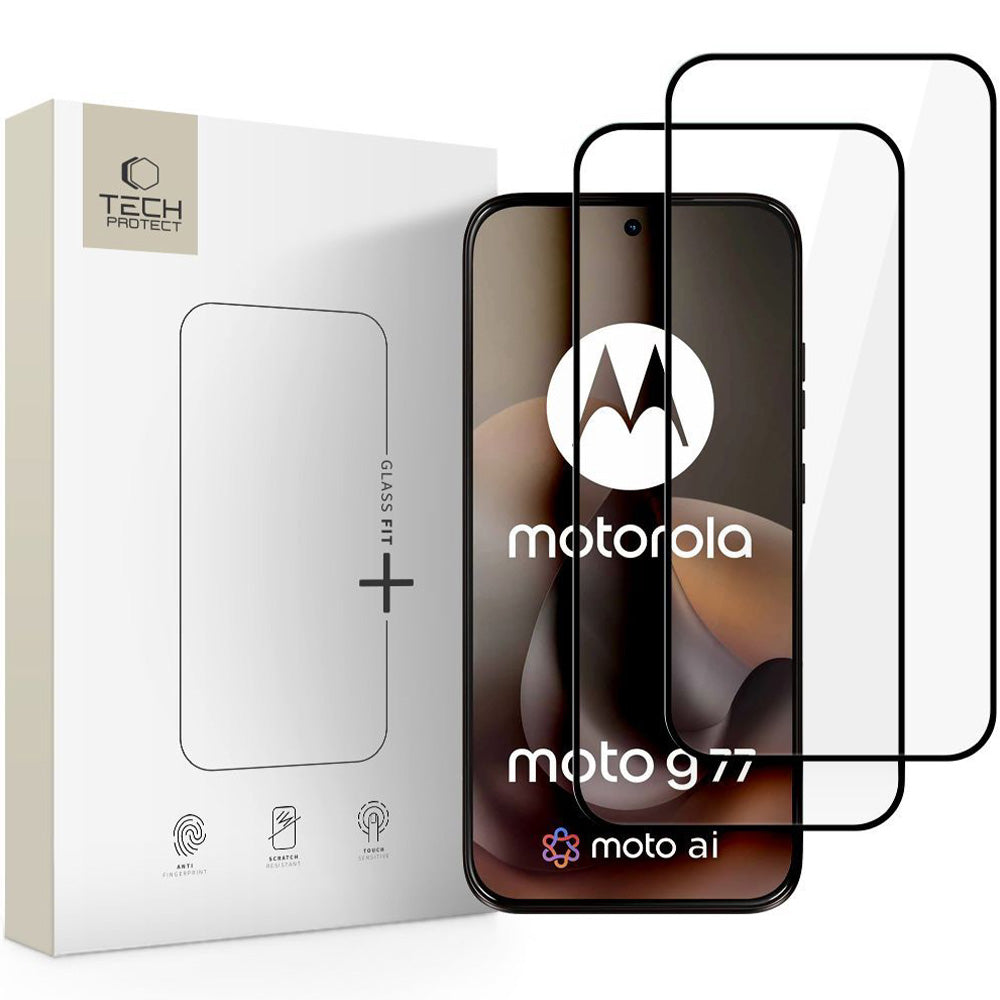 Gehärtetes Glas für Motorola Moto G77 5G / Moto G67 5G, Tech-Protect Glass Fit Plus, 2 Stück, Schwarzer Rahmen