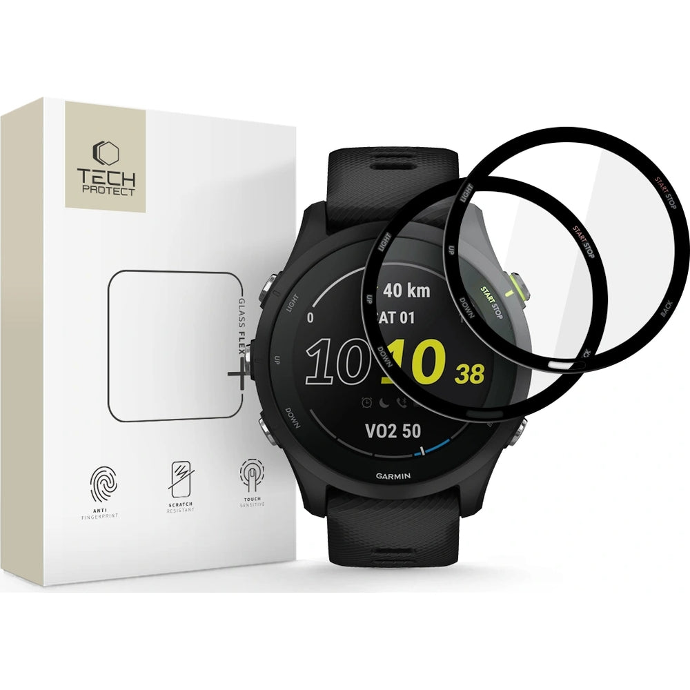 Hybridglas für Garmin Forerunner 255 / 255 Music, 2 Stück, Tech-Protect Glass Flex Plus, Transparent mit Schwarzem Rand