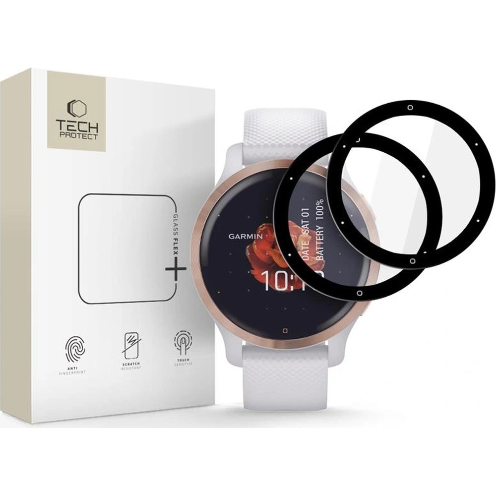 Hybridglas für Garmin Venu 2s, 2 Stück, Tech-Protect Glass Flex Plus, Transparent mit Schwarzem Rand