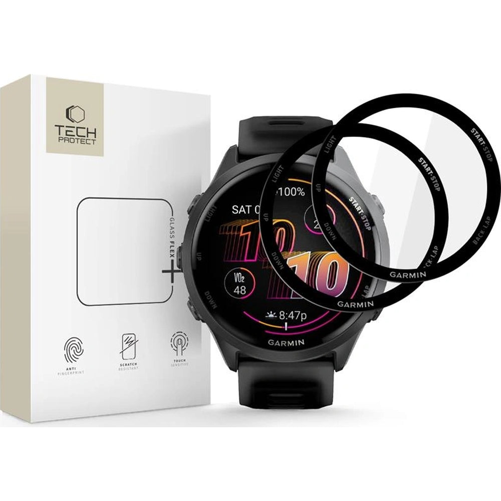 Hybridglas für Garmin Forerunner 970 / 570 47mm, 2 Stück, Tech-Protect Glass Flex Plus, Transparent mit Schwarzem Rand