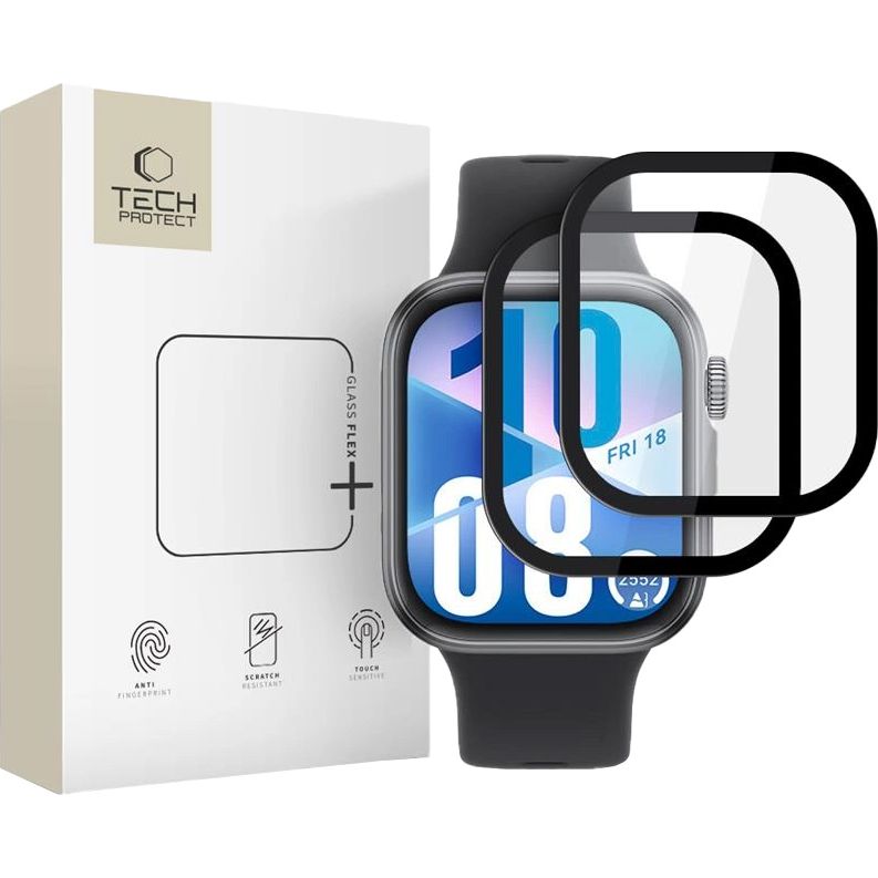 Hybridglas für Huawei Watch Fit 4 / 3, Tech-Protect Glass Flex Plus, 2 Stück, Transparent mit Schwarzem Rand