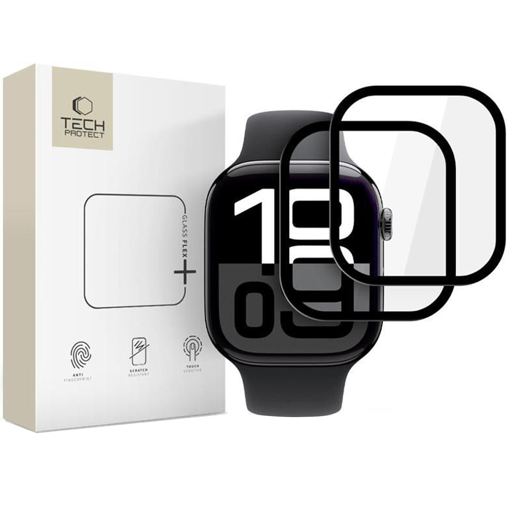 Hybridglas für Apple Watch 11 / 10 (46 mm), 2 Stück, Tech-Protect Glass Flex Plus, Transparent mit Schwarzem Rand