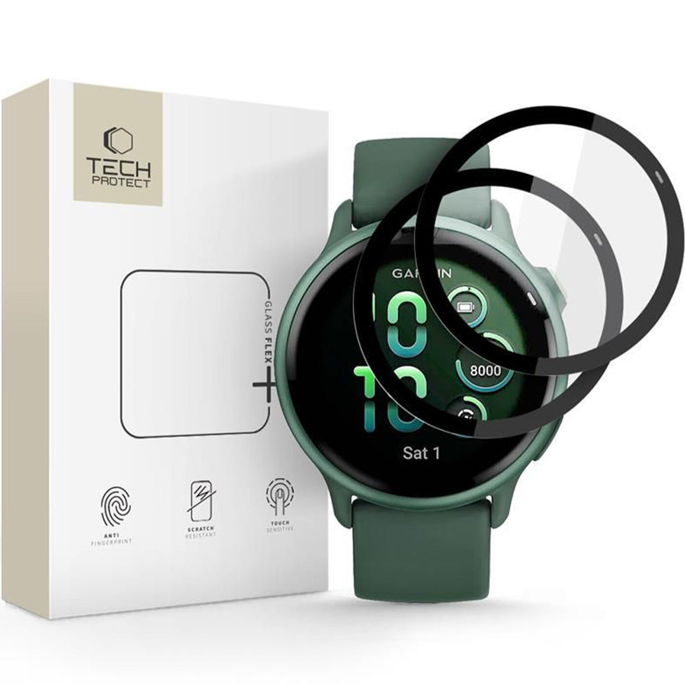 Hybridglas für Garmin Vivoactive 6, 2 Stück, Tech-Protect Glass Flex Plus, Transparent mit Schwarzem Rand