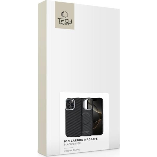 Handyhülle für iPhone 16 Pro, Tech-Protect Ion Carbon MagSafe, Schwarz mit Kohlefaser