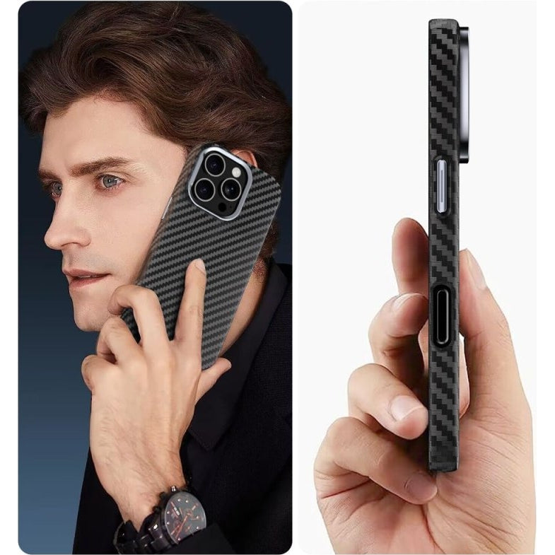 Handyhülle für iPhone 16 Pro, Tech-Protect Ion Carbon MagSafe, Schwarz mit Kohlefaser