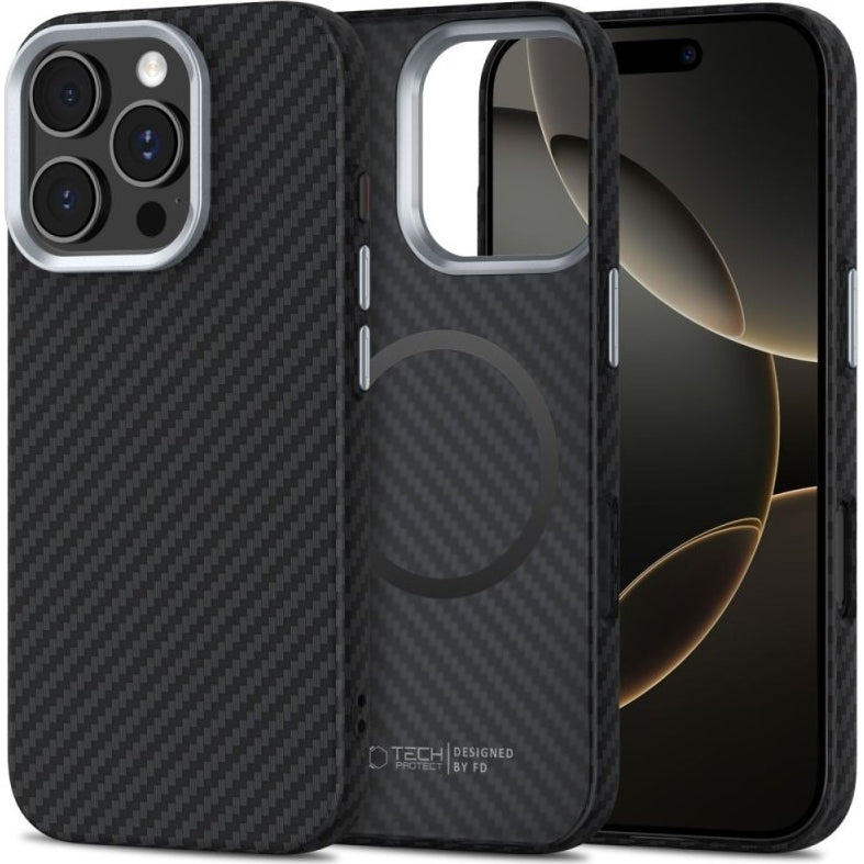 Handyhülle für iPhone 16 Pro Max, Tech-Protect Ion Carbon MagSafe, Schwarz mit Kohlefaser