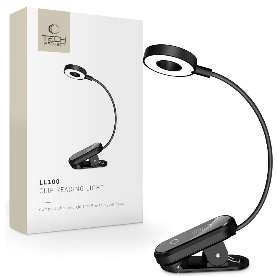 LED Clip Lampe mit Akku, Tech-Protect LL100 Clip Reading Light, 300 mAh, 3000K/ 4500K/ 6000K, Schwarz