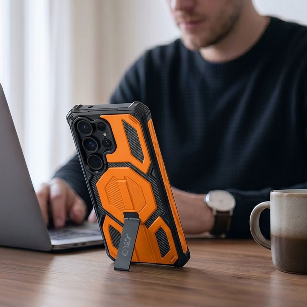 Handyhülle für Galaxy S26 Ultra, Tech-Protect MagBlast, mit MagSafe, 2x Gehärtetes Glas, Schwarz-Orange
