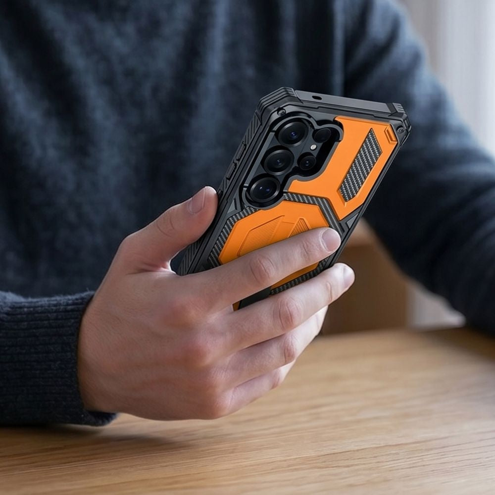 Handyhülle für Galaxy S26 Ultra, Tech-Protect MagBlast, mit MagSafe, 2x Gehärtetes Glas, Schwarz-Orange