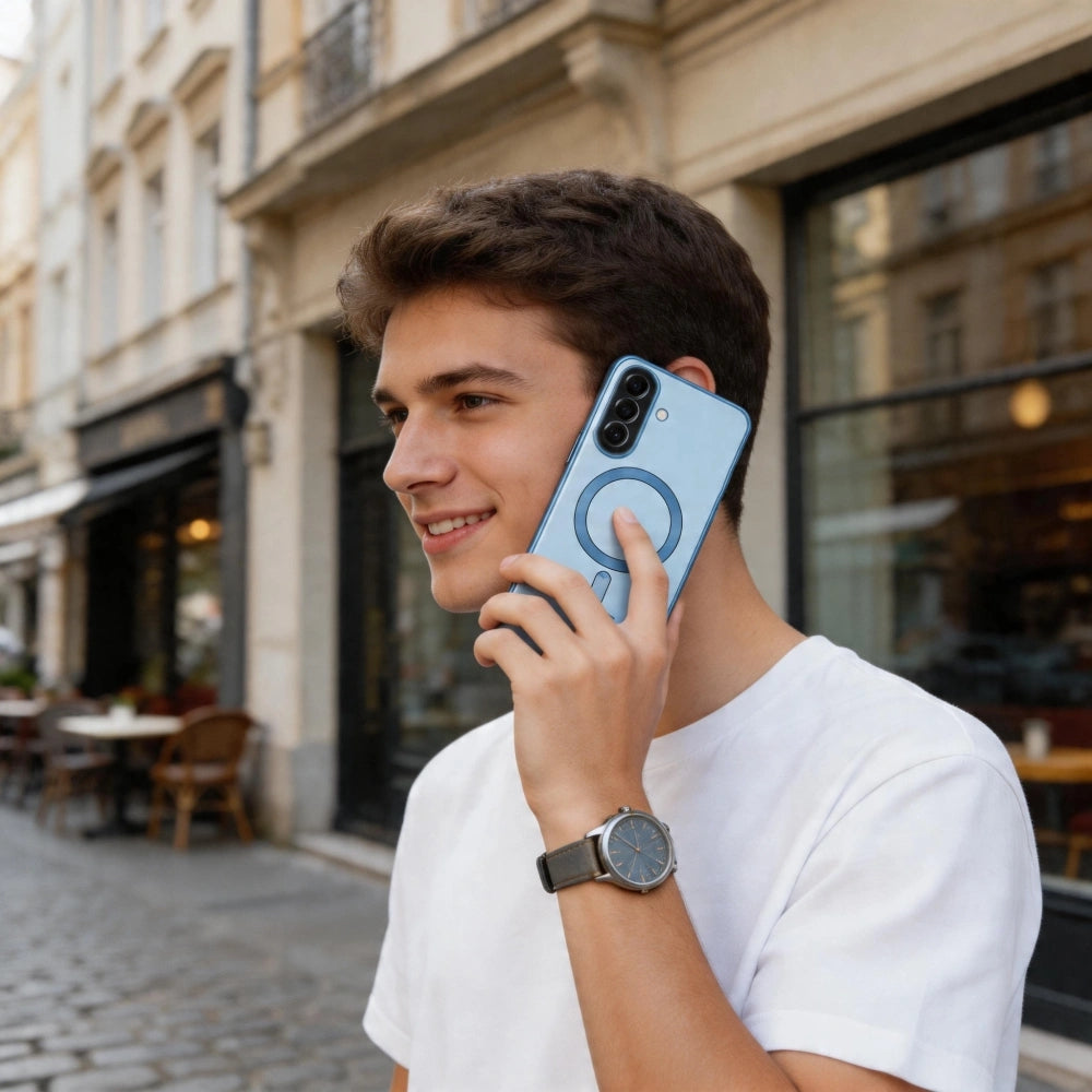 Handyhülle mit Kameraabdeckung für Galaxy A57 5G, Tech-Protect MagFlex für MagSafe, Transparent und Blau