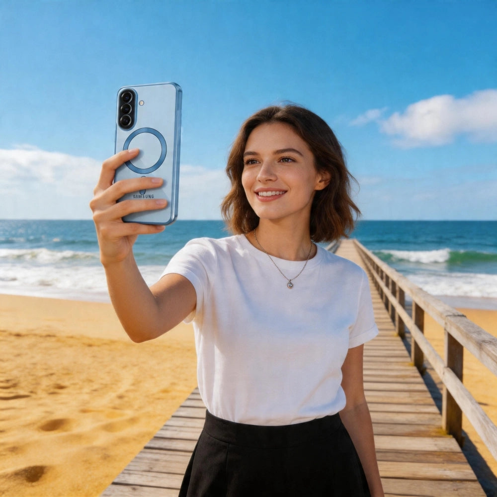 Handyhülle mit Kameraabdeckung für Galaxy A57 5G, Tech-Protect MagFlex für MagSafe, Transparent und Blau
