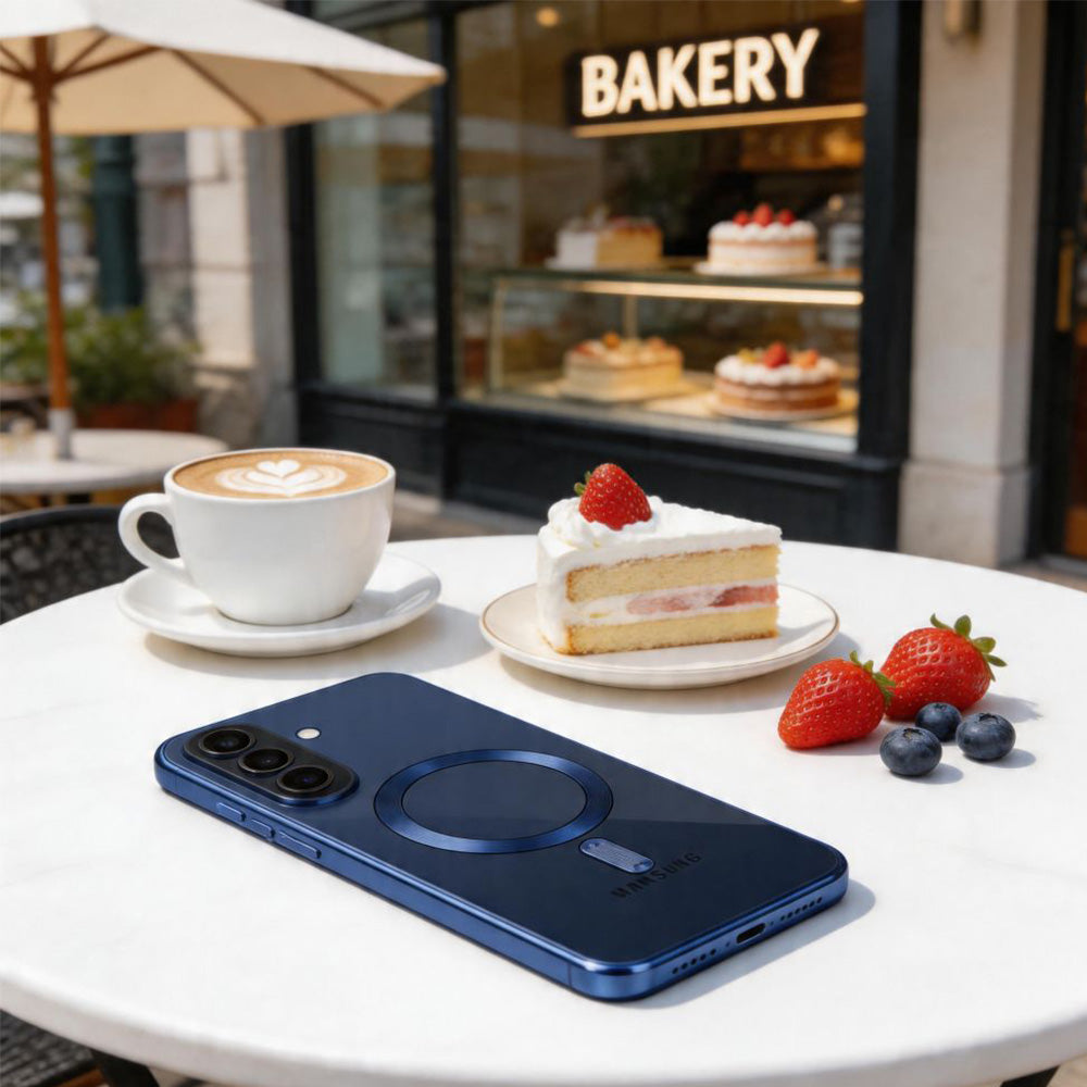 Handyhülle mit Kameraabdeckung für Galaxy A57 5G, Tech-Protect MagFlex für MagSafe, Transparent-Dunkelblau