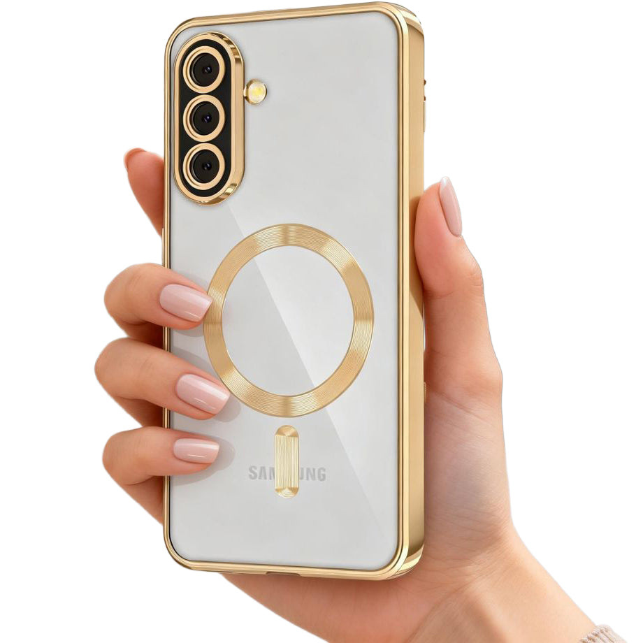 Handyhülle mit Kameraabdeckung für Galaxy A57 5G, Tech-Protect MagFlex für MagSafe, Transparent und Gold