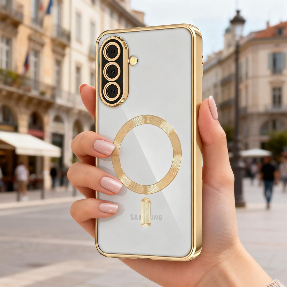Handyhülle mit Kameraabdeckung für Galaxy A57 5G, Tech-Protect MagFlex für MagSafe, Transparent und Gold