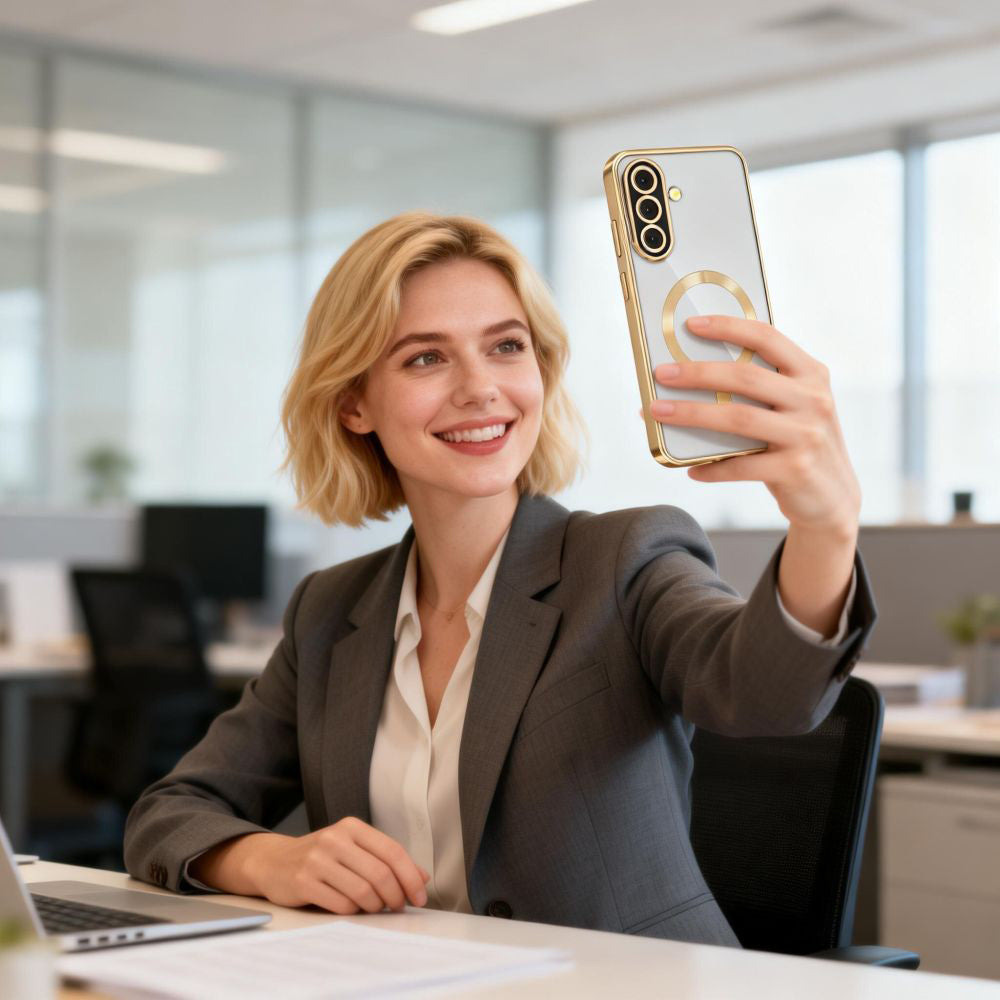 Handyhülle mit Kameraabdeckung für Galaxy A57 5G, Tech-Protect MagFlex für MagSafe, Transparent und Gold