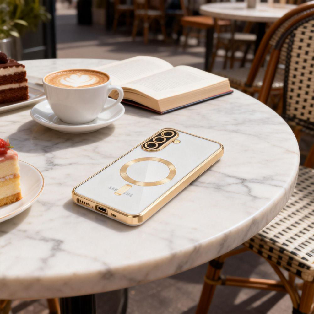 Handyhülle mit Kameraabdeckung für Galaxy A57 5G, Tech-Protect MagFlex für MagSafe, Transparent und Gold