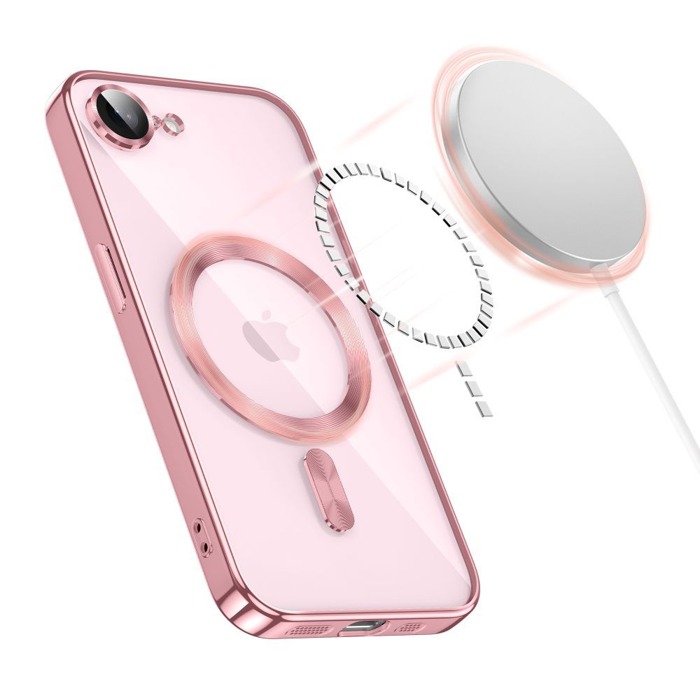 Handyhülle mit Kameraabdeckung für iPhone 17e / 16e, Tech-Protect MagFlex für MagSafe, Transparent und Rosa