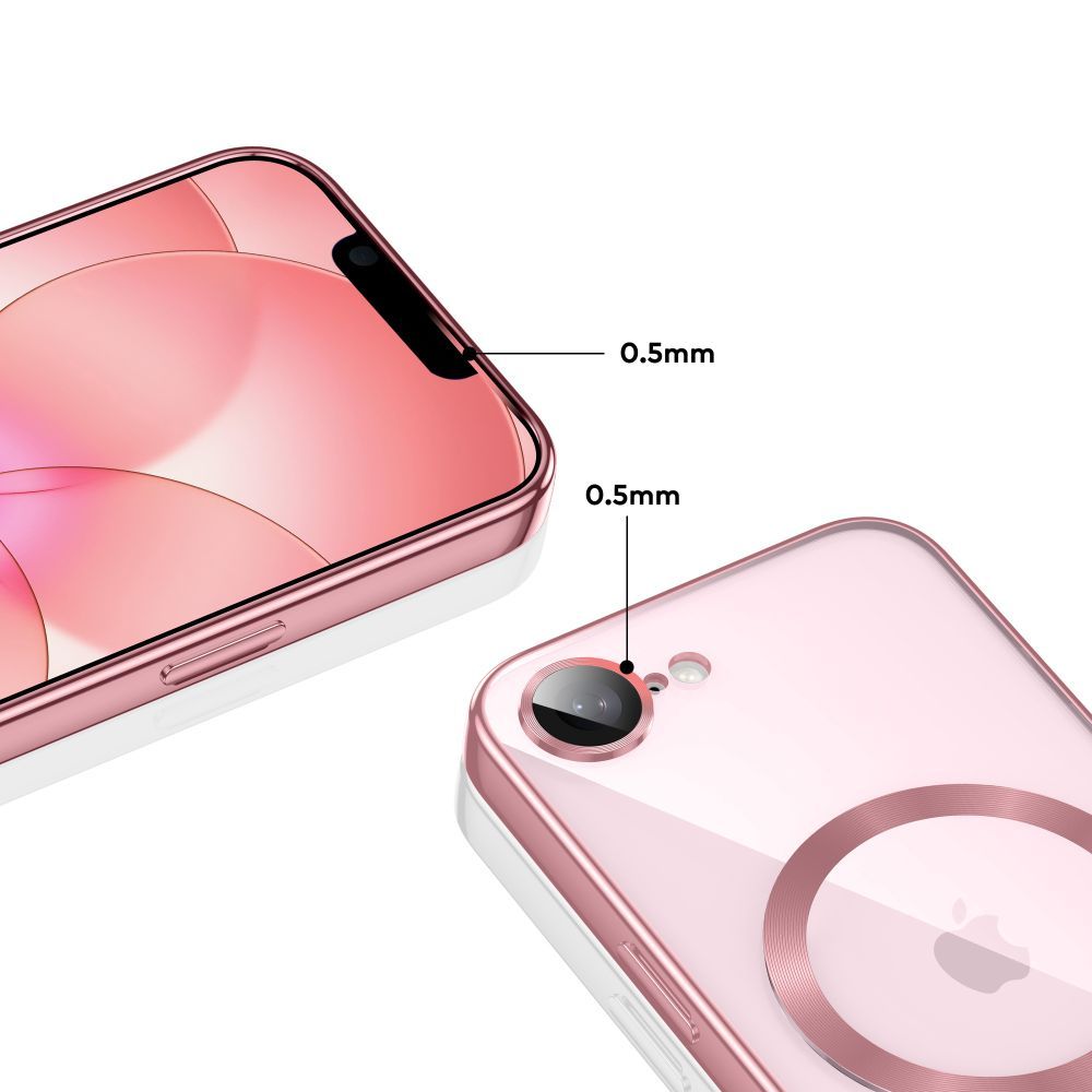 Handyhülle mit Kameraabdeckung für iPhone 17e / 16e, Tech-Protect MagFlex für MagSafe, Transparent und Rosa
