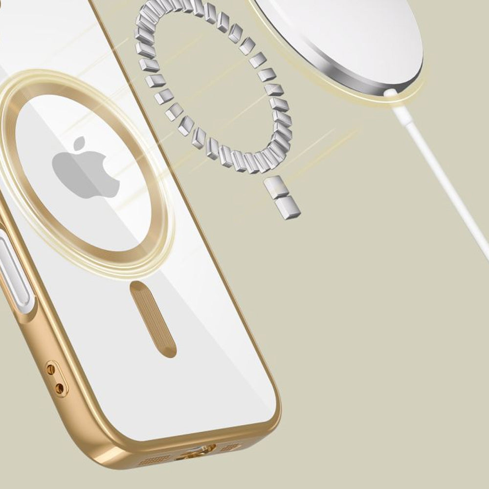 Handyhülle mit Kameraabdeckung für iPhone 17e / 16e, Tech-Protect MagFlex für MagSafe, Transparent und Gold