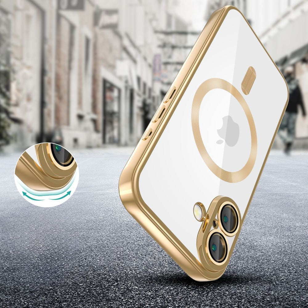 Handyhülle mit Kameraabdeckung für iPhone 17e / 16e, Tech-Protect MagFlex für MagSafe, Transparent und Gold