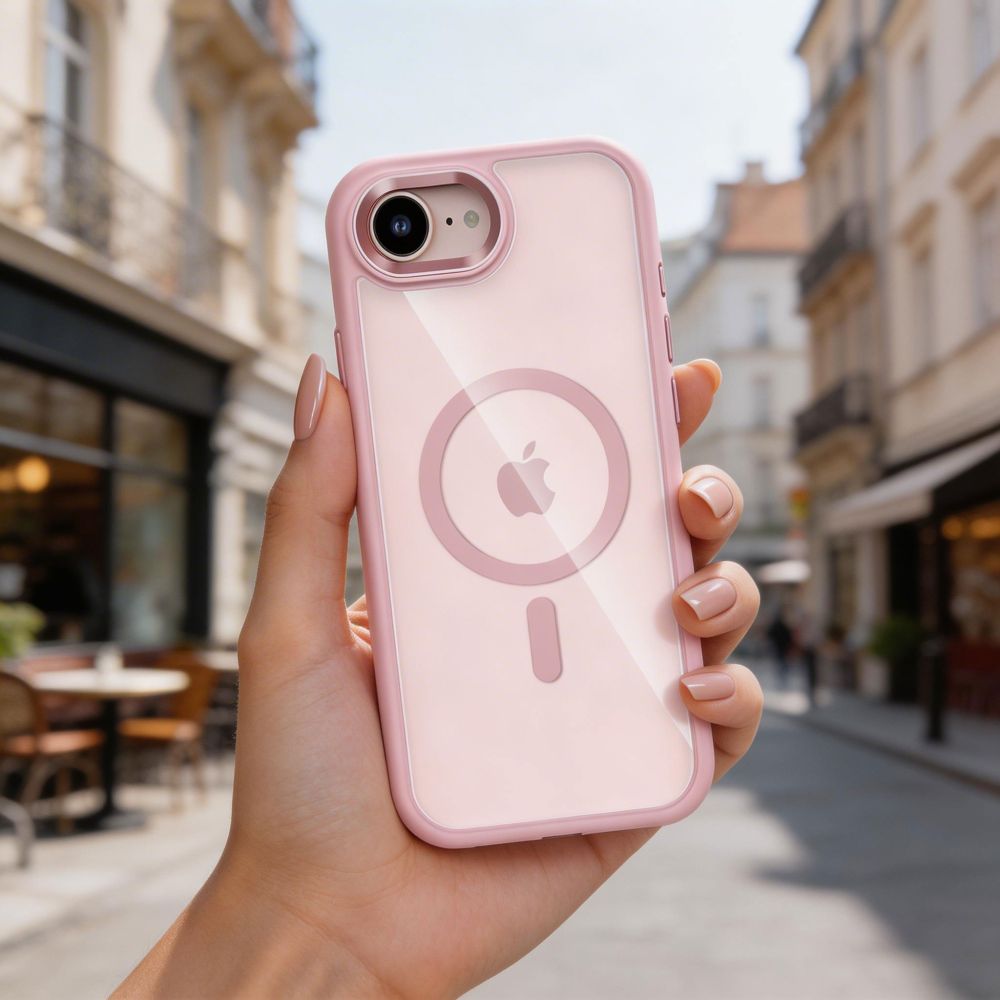 Handyhülle für iPhone 17e / 16e, Tech-Protect MagMat mit MagSafe, Transparent und Rosa