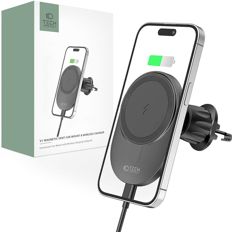 Auto Handyhalterung Tech Protect MM15W-V1 Magnetic Magsafe Vent Car Mount Wireless Charger 15W, Schwarz