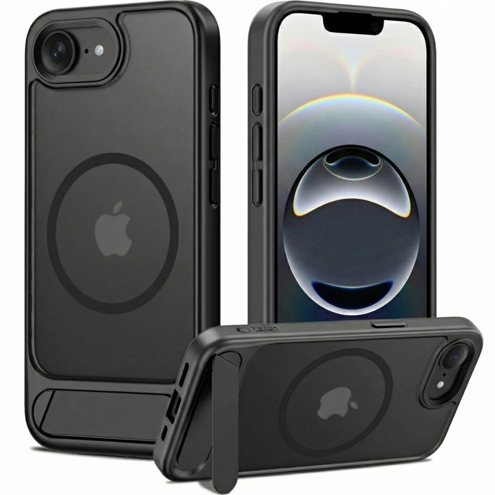 Handyhülle mit Ständer für iPhone 17e / 16e mit MagSafe, Tech-Protect MagRack, Durchscheinend-Schwarz