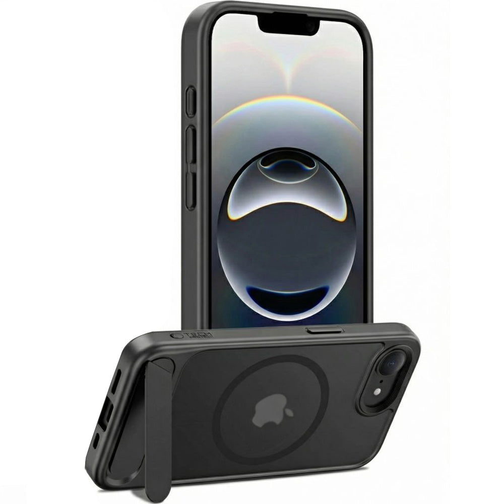 Handyhülle mit Ständer für iPhone 17e / 16e mit MagSafe, Tech-Protect MagRack, Durchscheinend-Schwarz