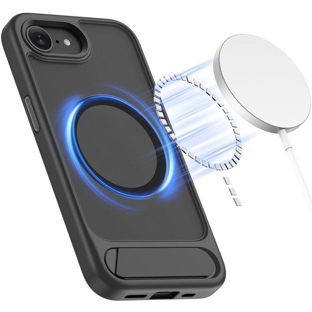 Handyhülle mit Ständer für iPhone 17e / 16e mit MagSafe, Tech-Protect MagRack, Durchscheinend-Schwarz