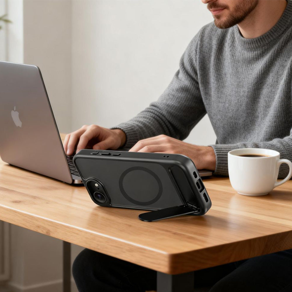 Handyhülle mit Ständer für iPhone 17e / 16e mit MagSafe, Tech-Protect MagRack, Durchscheinend-Schwarz
