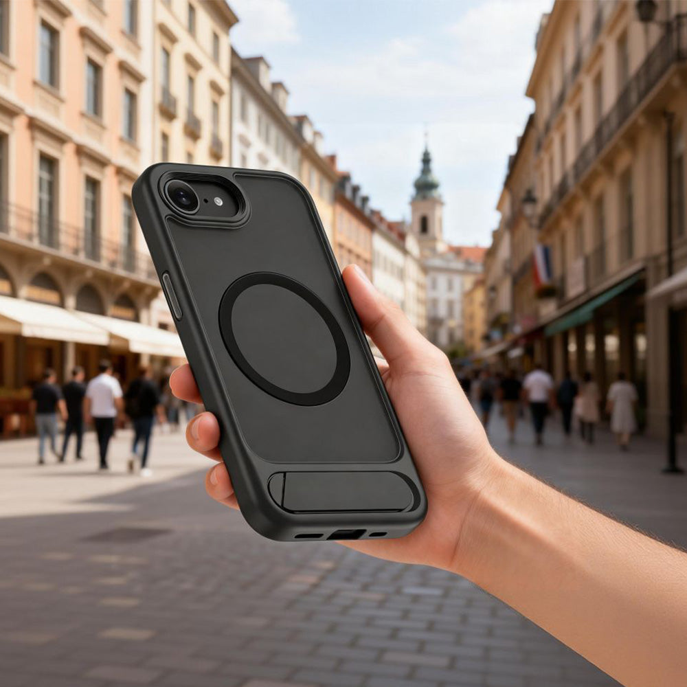Handyhülle mit Ständer für iPhone 17e / 16e mit MagSafe, Tech-Protect MagRack, Durchscheinend-Schwarz