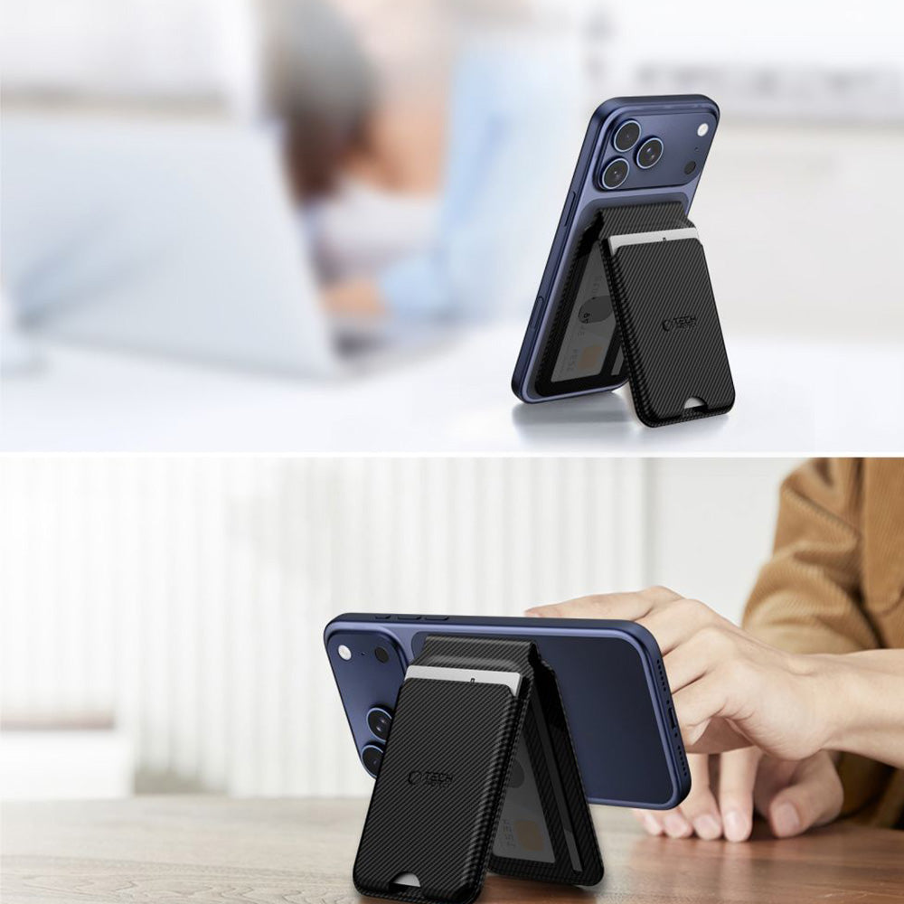 Magnetisches Kartenetui mit Ständer mit MagSafe, Tech-Protect MagWallet Stand, Schwarz Carbon
