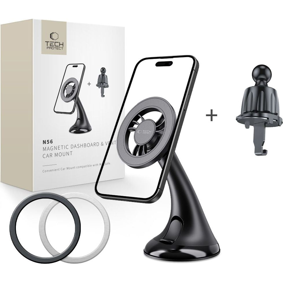 Magnetische Handy-Halterung für Lüftungsgitter / Cockpit / Windschutzscheiben, Tech-Protect N56, mit MagSafe, Schwarz