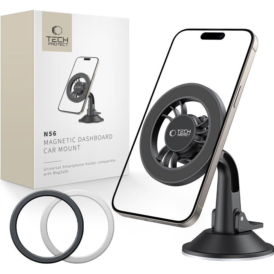 Magnetische Handy-Halterung für Cockpit / Windschutzscheiben, Tech-Protect N56 Magnetic Dashboard Car Mount, mit MagSafe, Schwarz