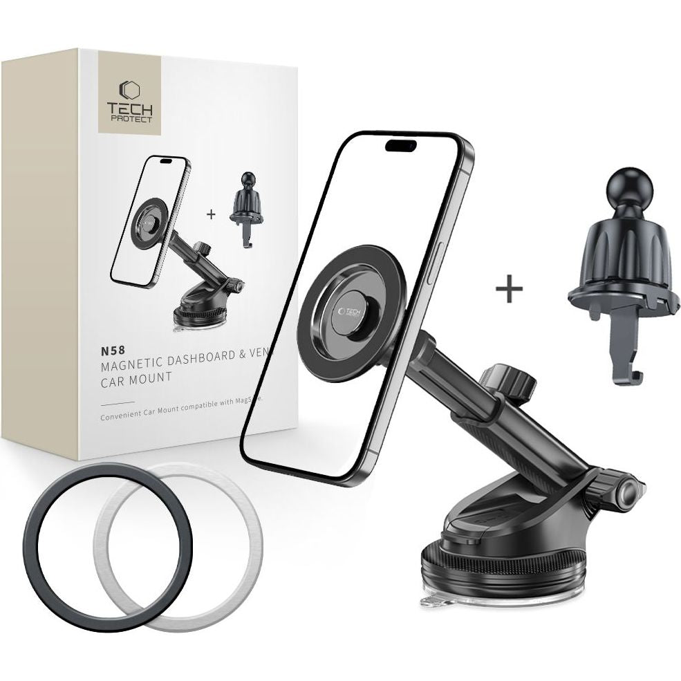 Magnetische Handy-Halterung für Lüftungsgitter / Cockpit / Windschutzscheiben, Tech-Protect N58, mit MagSafe, Schwarz