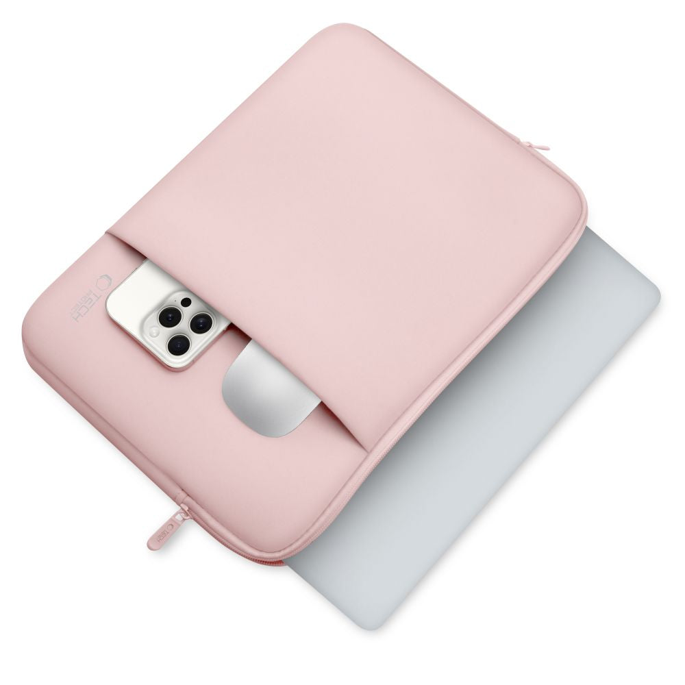 Rosa Schutzhülle für 13-Zoll Laptop, Tech-Protect Neopren, zeigt zwei-in-eins Design mit zusätzlichen Taschen für Zubehör.