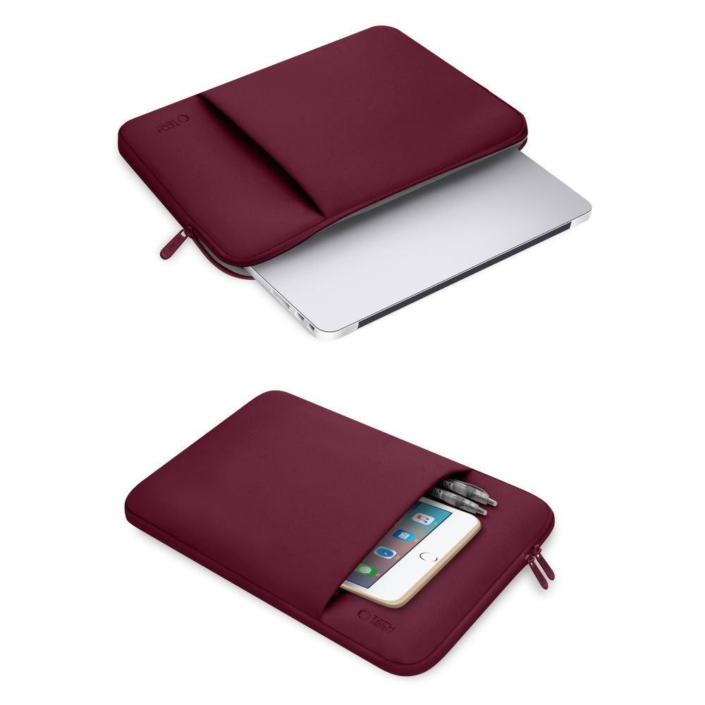 Schutzhülle Tech-Protect Neopren in Kastanienbraun für 13" Laptops, stilvoller Schutz mit Zusatzfach für Zubehör.