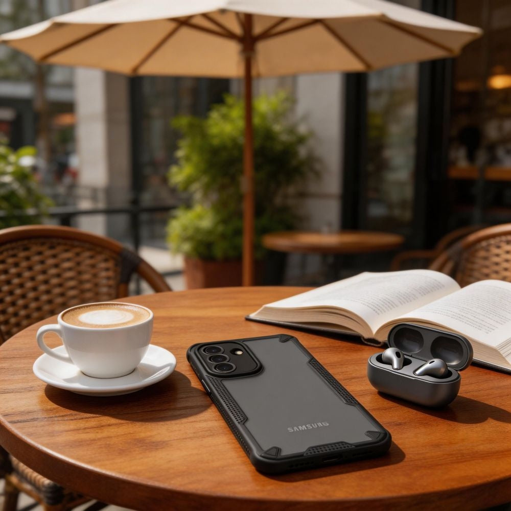 Handyhülle für Samsung Galaxy A57 5G, Tech-Protect Rugged Shield, mattes Rauchfarben mit schwarzem Rahmen