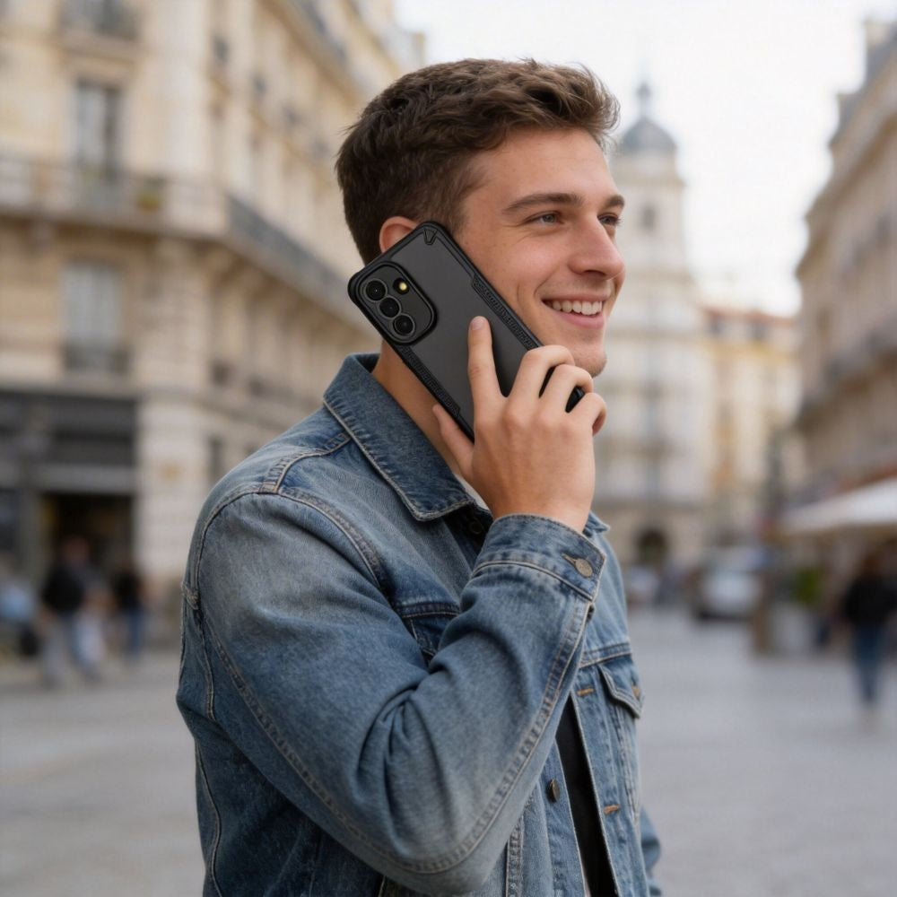 Handyhülle für Samsung Galaxy A57 5G, Tech-Protect Rugged Shield, mattes Rauchfarben mit schwarzem Rahmen