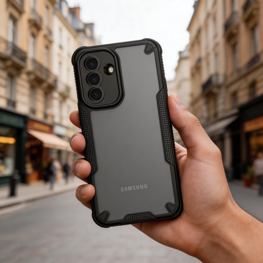 Handyhülle für Samsung Galaxy A57 5G, Tech-Protect Rugged Shield, mattes Rauchfarben mit schwarzem Rahmen