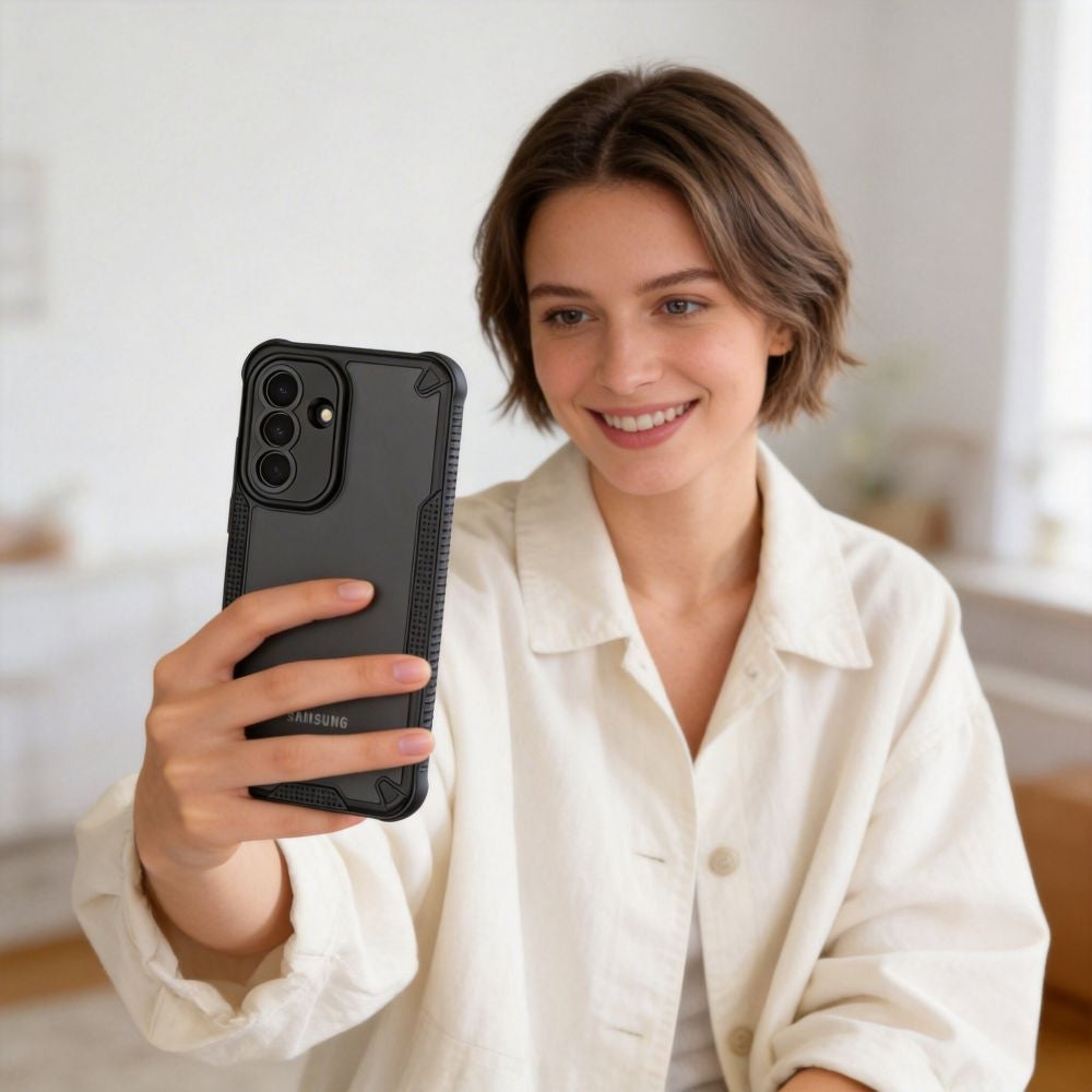 Handyhülle für Samsung Galaxy A57 5G, Tech-Protect Rugged Shield, mattes Rauchfarben mit schwarzem Rahmen