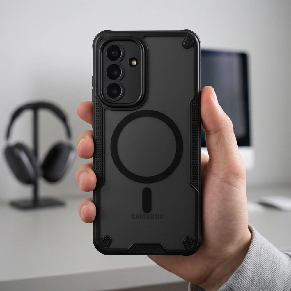 Handyhülle für Galaxy A26 / A18 / A17 5G / 4G, Tech-Protect Rugged Shield MagSafe, mattes Rauchfarben mit schwarzem Rahmen