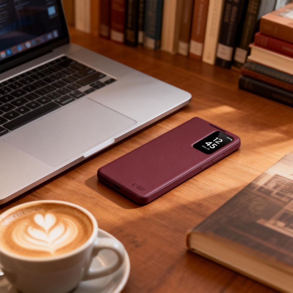 Handyhülle mit Klappe für Galaxy S26 Plus, Tech-Protect Smart Wallet, mattes Rotwein