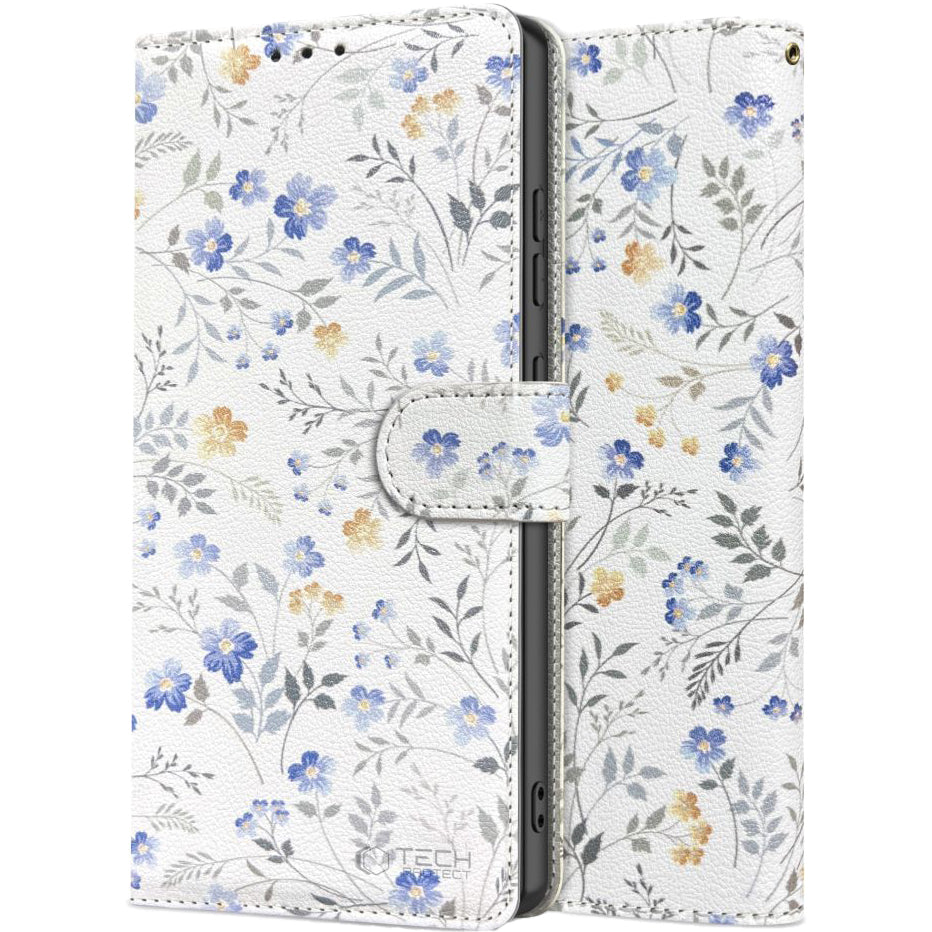 Handyhülle für Galaxy A56 5G, Tech-Protect Wallet, Weiß mit floralem M