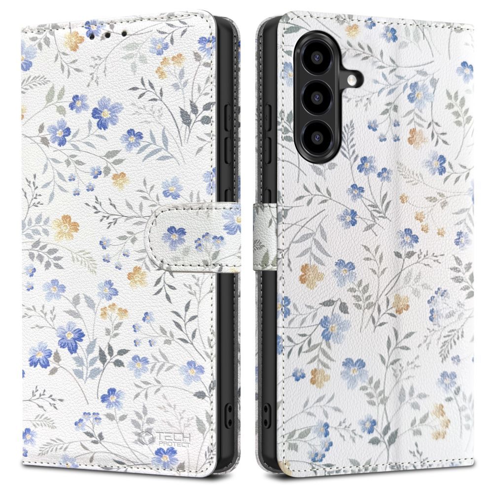Handyhülle mit Klappe für Galaxy A57 5G, Tech-Protect Wallet, Weiß mit floralem Muster
