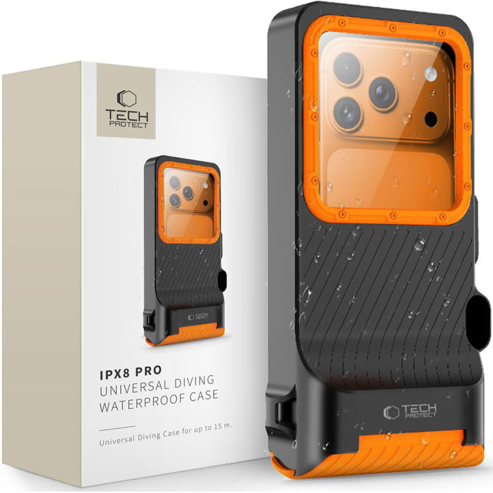 Wasserdichte Hülle für Smartphone 4,7-6,9", Tech-Protect IPX8 PRO Universal Diving Waterproof Case, Schwarz-Orange