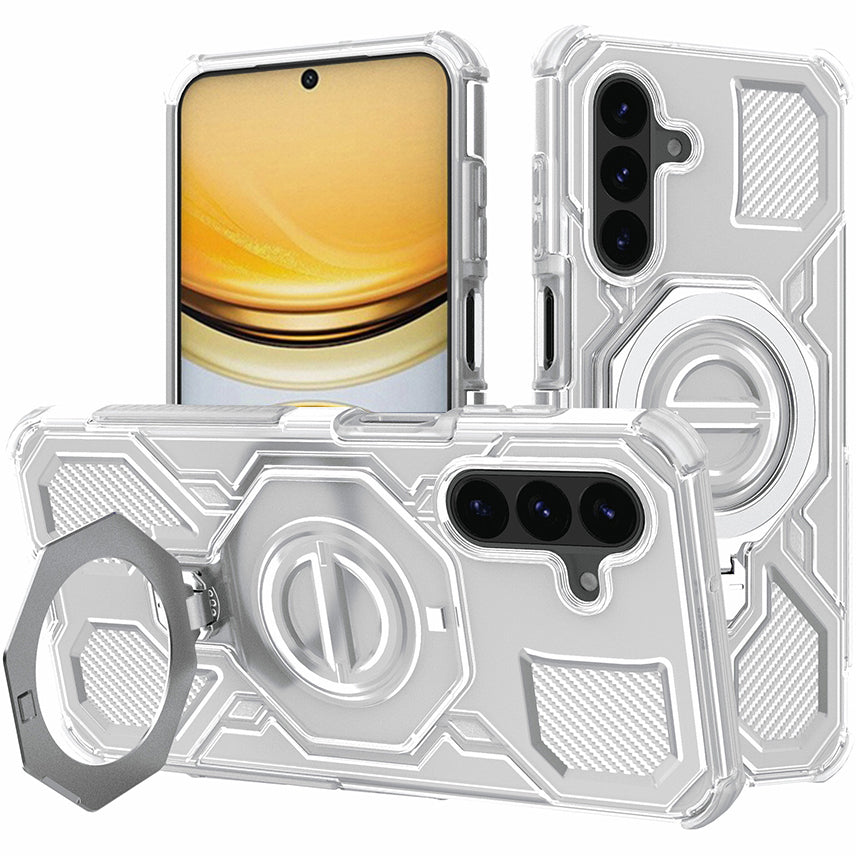 Handyhülle mit Ring für Galaxy A57 5G, Techsuit Carbon Shield Pro, Transparent und Weiß