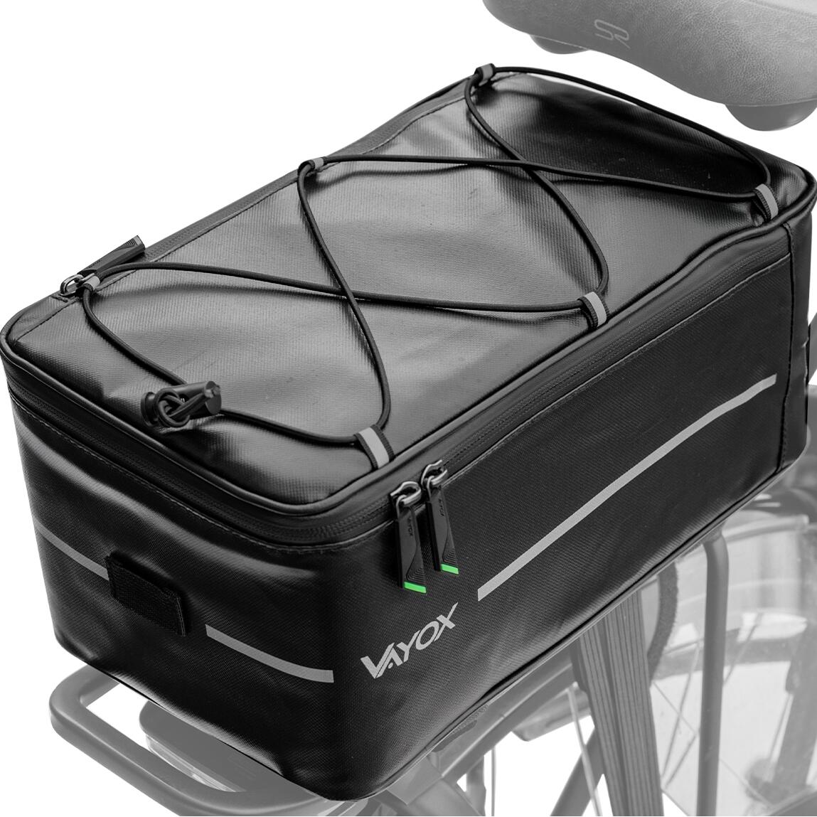 Vayox VA0166 8L black bicycle rack bag, designed for convenient transportation on bike rear racks, showcasing sturdy velcro straps and sleek design.