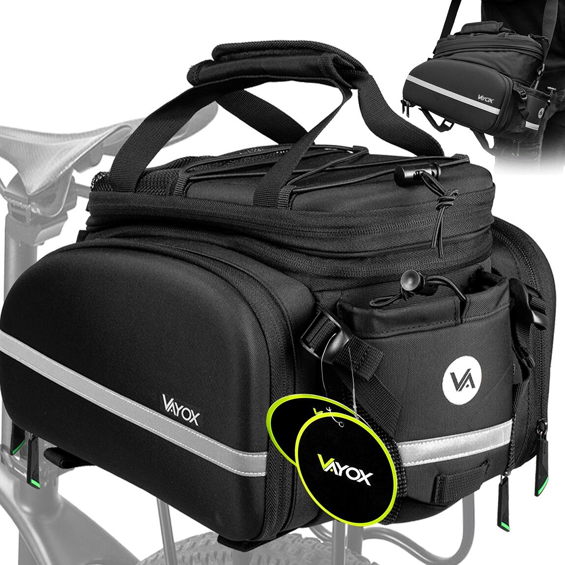 Vayox VA0346 35L black bike pannier with shoulder strap on a bicycle, ideal for tours and shopping, spacious and durable design.